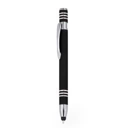 A black ballpoint pen featuring chrome accents and a stylus tip, complete with a logo.