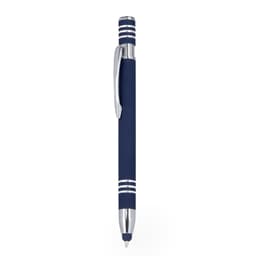 A navy blue ballpoint pen with chrome accents and a stylus tip. It features a stylish striped design and has a logo.