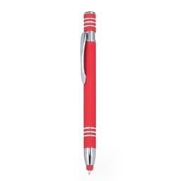 A red ballpoint pen with a silver clip and accents, featuring a stylus tip. It has a smooth, matte finish.