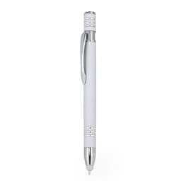 A white ballpoint pen with chrome accents and a stylus tip, featuring a logo near the clip.