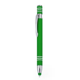 A green ballpoint pen with a silver clip and stylus tip, featuring white stripe accents.