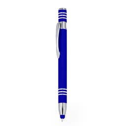 A blue ballpoint pen with silver accents and a stylus tip, featuring a branding logo.