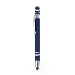 A navy blue ballpoint pen with a silver clip and accent lines, featuring a stylus tip. It has a logo.