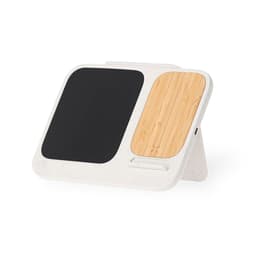 A wireless charger in white and bamboo with a sleek, modern design and a built-in stand.