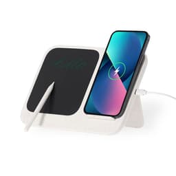 A wireless charger in white with a black writing surface, featuring a phone in landscape orientation and a stylus.