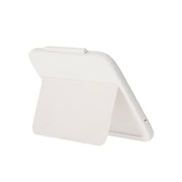 A wireless charger in white with a textured backing and an integrated stand. It features a logo.