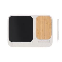 A wireless charger and wooden stand in a light grey and bamboo finish, featuring a sleek, minimalist design.
