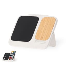 A wireless charger in white with a black surface and a bamboo accent, featuring a stand for devices.