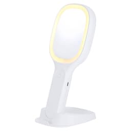 A handheld mirror with an integrated light, presented in white, featuring a sturdy base and a logo.