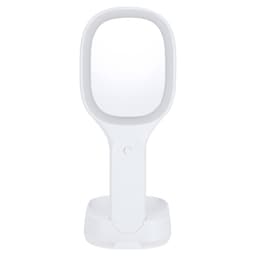 A white wireless charger designed to resemble a mirror, featuring a simple, modern shape with a base.