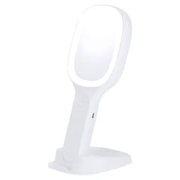 A white handheld mirror with a sturdy base, featuring a sleek design and a built-in light. It has a logo on the surface.