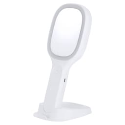 A white wireless charger with a built-in mirror, featuring a sleek design and a stand for stability.