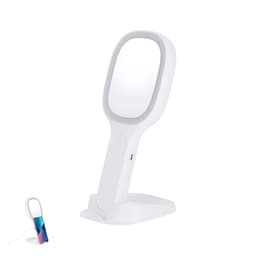 A white wireless charger in the shape of a mirror with a stand, featuring a sleek modern design.