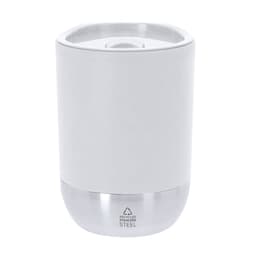 A drink bottle with a white insulated body and a stainless steel base, featuring a lid. It has a logo on the front.