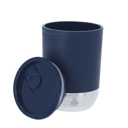 A drink bottle in navy blue with a stainless steel base and a matching lid, featuring a logo on the side.