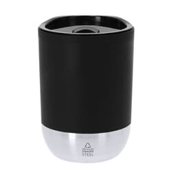 A drink bottle featuring a black body and a silver stainless steel base, with a logo on the front.