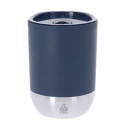 A drink bottle in navy blue and stainless steel, featuring a sleek design and a logo on the front.