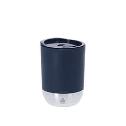 A drink bottle featuring a navy exterior and a stainless steel base, complete with a lid and a logo.