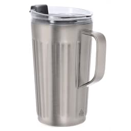 A stainless steel travel mug with a ribbed design and a clear lid, featuring a handle for easy carrying.