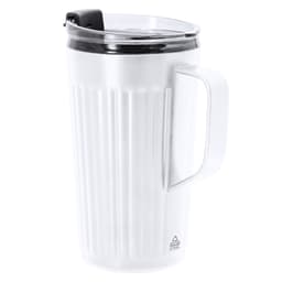A drink mug in white with ribbed texture, featuring a handle and a lid. It has a logo on the base.