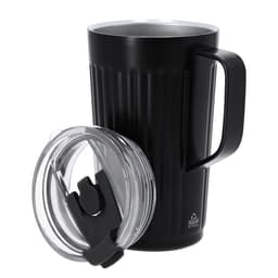 A black insulated travel mug with a ribbed design and a clear lid featuring a handle.