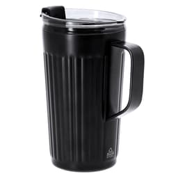 A black insulated travel mug with a ribbed design and a clear lid. It features a sturdy handle and includes a logo.