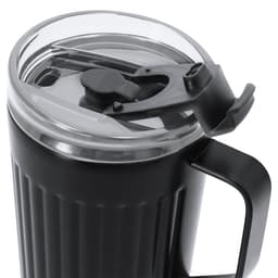 A black insulated travel mug with a clear lid and a handle, featuring a built-in sipping mechanism.