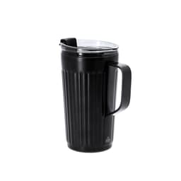 A drink bottle featuring a black insulated body with a ribbed design and a handle, topped with a transparent lid.