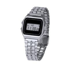 A silver digital watch with a rectangular face and metal bracelet band, featuring a digital time display.