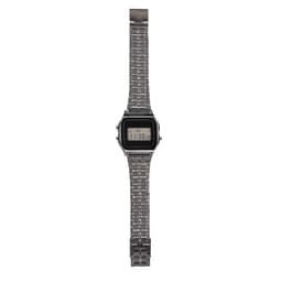 A silver digital watch with a square face and a metallic band, featuring an LCD display and a minimalist design.