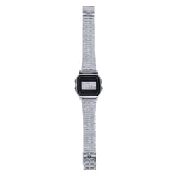 A digital wristwatch featuring a silver metal band and a rectangular black face with a display.