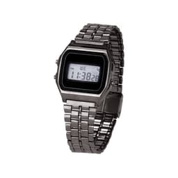 A metallic digital watch with a rectangular face and a silver bracelet strap. The watch features a black display.