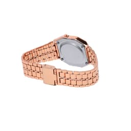 A rose gold octagonal watch with a link bracelet and a solid metal back. The design is sleek and modern.
