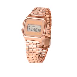 A rose gold digital watch with a rectangular face and a linked metal bracelet. It features a display showing time.