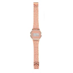 A rose gold digital watch with a metallic strap and a square face displaying the time. It features a logo on the dial.