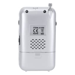 A silver speaker with an antenna and a branded label on the back, featuring audio controls and a textured surface.