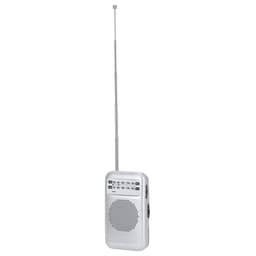 A silver portable radio with a telescopic antenna and controls on the front, featuring a speaker grille and branding.