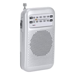 A small silver portable radio with a speaker, antenna, and tuning dials for AM and FM stations.