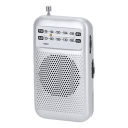 A silver portable radio with a speaker grille, featuring AM and FM tuning dials and an antenna.