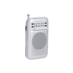 A silver portable radio with an antenna, featuring FM and AM frequency dials and a speaker grill.