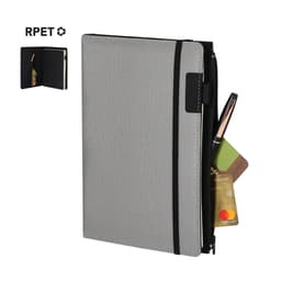 A grey notepad pouch with a zip closure, showcasing a pen holder and slots for cards inside.