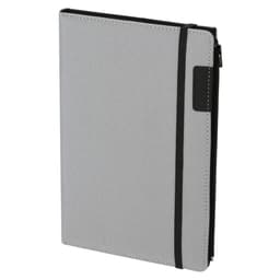 A grey notepad pouch with a black elastic closure and a branding logo on the side.