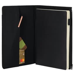 A black notepad pouch with an interior pocket for a card and an elastic band for holding a pen.