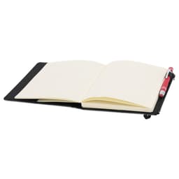 A notepad pouch in black with a pen, featuring blank lined pages inside.