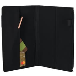 A black notepad pouch featuring an interior pocket and slots for cards. It has a logo on the exterior.