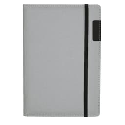 A grey notepad pouch featuring a black elastic band closure and a small branding logo.