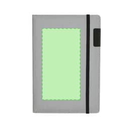 A grey notepad pouch with a black elastic band and a blank area for custom branding or design.