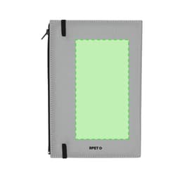 A grey notepad pouch with a zip closure and an empty display area. It features a logo at the bottom.