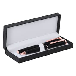 A metal pen gift set featuring a sleek black pen with rose gold accents, presented in a black and white box.