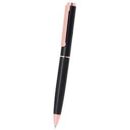 A metal pen in black with rose gold accents, featuring a sleek design and a clip for easy attachment.